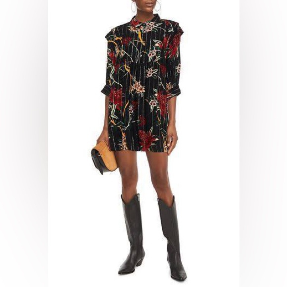 ba&sh Paprika Dress floral print Noir black mini popover swing shirtdress Size 1 - Picture 2 of 15